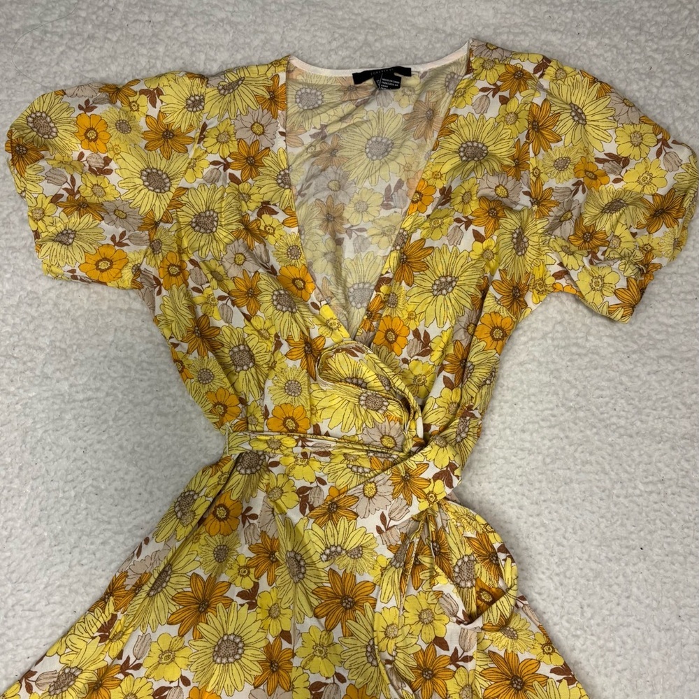 Forever 21 Women Yellow Sunflower Wrap Mini Dress - Picture 2 of 10